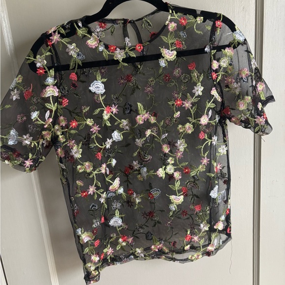 Tops - Floral Embroidered Sheer Black Top